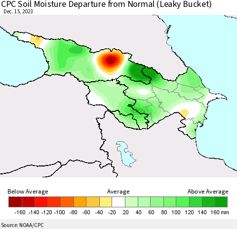 Azerbaijan, Armenia and Georgia CPC Soil Moisture Departure from Normal (Leaky Bucket) Thematic Map For 12/11/2023 - 12/15/2023