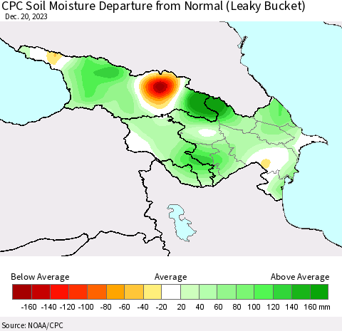 Azerbaijan, Armenia and Georgia CPC Soil Moisture Departure from Normal (Leaky Bucket) Thematic Map For 12/16/2023 - 12/20/2023