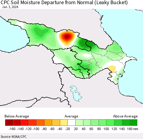 Azerbaijan, Armenia and Georgia CPC Soil Moisture Departure from Normal (Leaky Bucket) Thematic Map For 1/1/2024 - 1/5/2024