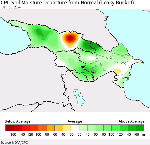 Azerbaijan, Armenia and Georgia CPC Soil Moisture Departure from Normal (Leaky Bucket) Thematic Map For 1/6/2024 - 1/10/2024