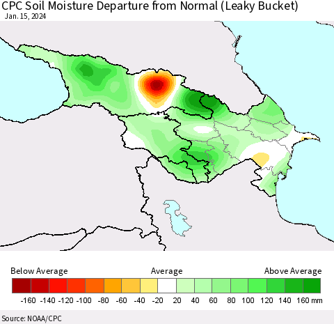 Azerbaijan, Armenia and Georgia CPC Soil Moisture Departure from Normal (Leaky Bucket) Thematic Map For 1/11/2024 - 1/15/2024