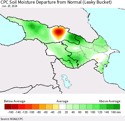 Azerbaijan, Armenia and Georgia CPC Soil Moisture Departure from Normal (Leaky Bucket) Thematic Map For 1/16/2024 - 1/20/2024