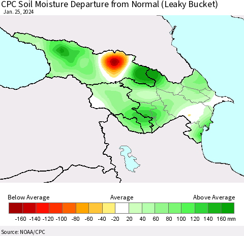 Azerbaijan, Armenia and Georgia CPC Soil Moisture Departure from Normal (Leaky Bucket) Thematic Map For 1/21/2024 - 1/25/2024