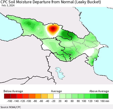 Azerbaijan, Armenia and Georgia CPC Soil Moisture Departure from Normal (Leaky Bucket) Thematic Map For 2/1/2024 - 2/5/2024