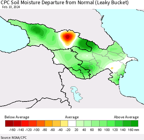 Azerbaijan, Armenia and Georgia CPC Soil Moisture Departure from Normal (Leaky Bucket) Thematic Map For 2/6/2024 - 2/10/2024