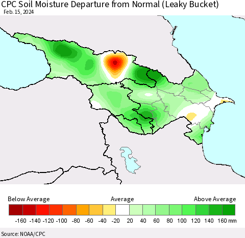 Azerbaijan, Armenia and Georgia CPC Soil Moisture Departure from Normal (Leaky Bucket) Thematic Map For 2/11/2024 - 2/15/2024