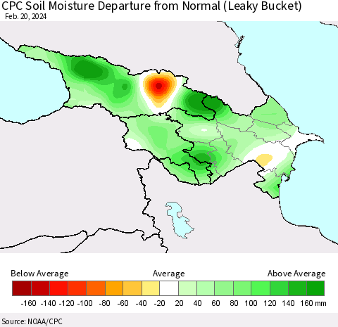 Azerbaijan, Armenia and Georgia CPC Soil Moisture Departure from Normal (Leaky Bucket) Thematic Map For 2/16/2024 - 2/20/2024