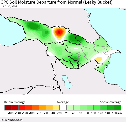 Azerbaijan, Armenia and Georgia CPC Soil Moisture Departure from Normal (Leaky Bucket) Thematic Map For 2/21/2024 - 2/25/2024