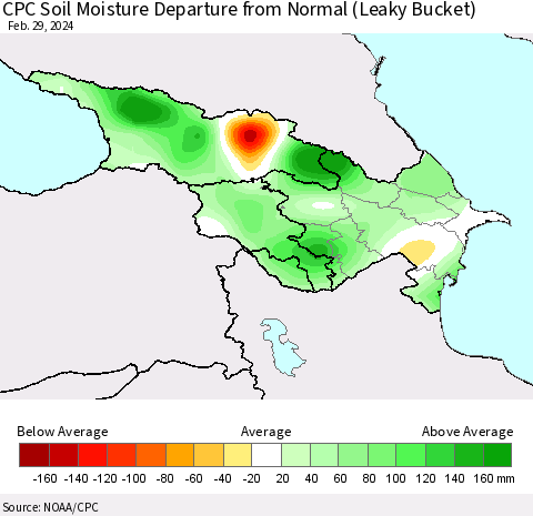 Azerbaijan, Armenia and Georgia CPC Soil Moisture Departure from Normal (Leaky Bucket) Thematic Map For 2/26/2024 - 2/29/2024