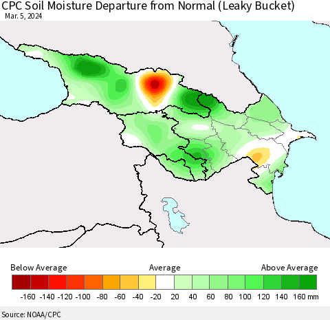 Azerbaijan, Armenia and Georgia CPC Soil Moisture Departure from Normal (Leaky Bucket) Thematic Map For 3/1/2024 - 3/5/2024