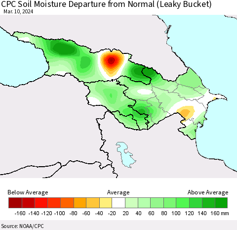 Azerbaijan, Armenia and Georgia CPC Soil Moisture Departure from Normal (Leaky Bucket) Thematic Map For 3/6/2024 - 3/10/2024