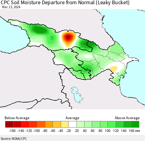 Azerbaijan, Armenia and Georgia CPC Soil Moisture Departure from Normal (Leaky Bucket) Thematic Map For 3/11/2024 - 3/15/2024