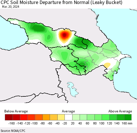 Azerbaijan, Armenia and Georgia CPC Soil Moisture Departure from Normal (Leaky Bucket) Thematic Map For 3/16/2024 - 3/20/2024