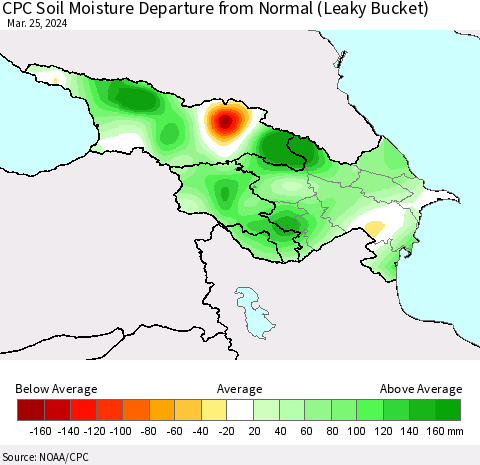 Azerbaijan, Armenia and Georgia CPC Soil Moisture Departure from Normal (Leaky Bucket) Thematic Map For 3/21/2024 - 3/25/2024