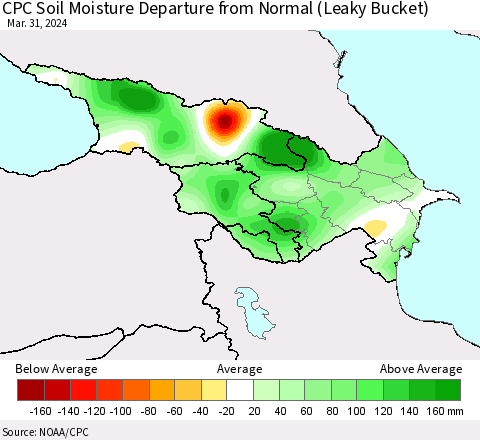 Azerbaijan, Armenia and Georgia CPC Soil Moisture Departure from Normal (Leaky Bucket) Thematic Map For 3/26/2024 - 3/31/2024