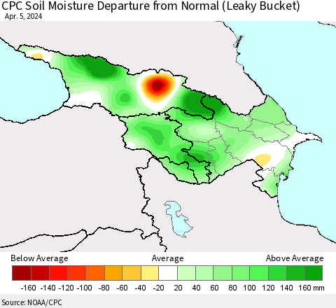 Azerbaijan, Armenia and Georgia CPC Soil Moisture Departure from Normal (Leaky Bucket) Thematic Map For 4/1/2024 - 4/5/2024