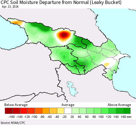 Azerbaijan, Armenia and Georgia CPC Soil Moisture Departure from Normal (Leaky Bucket) Thematic Map For 4/11/2024 - 4/15/2024