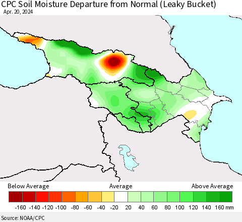 Azerbaijan, Armenia and Georgia CPC Soil Moisture Departure from Normal (Leaky Bucket) Thematic Map For 4/16/2024 - 4/20/2024
