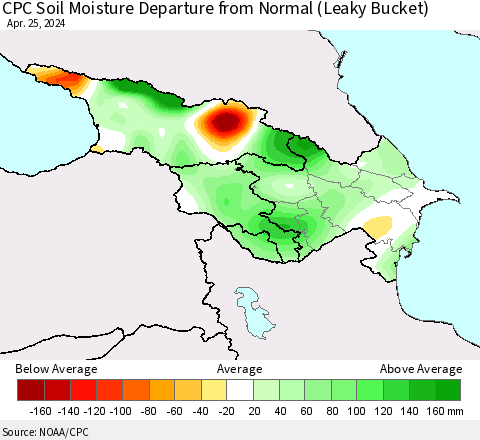 Azerbaijan, Armenia and Georgia CPC Soil Moisture Departure from Normal (Leaky Bucket) Thematic Map For 4/21/2024 - 4/25/2024