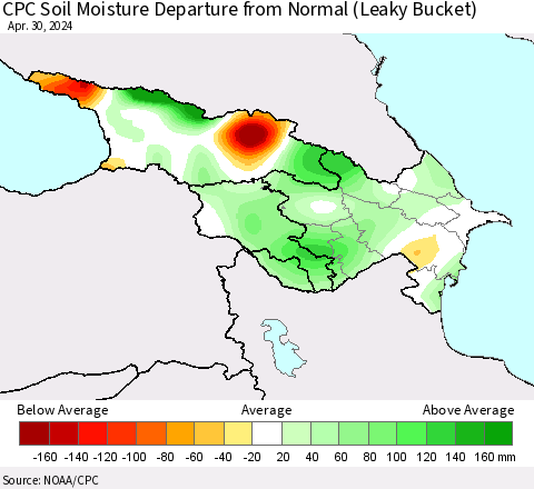 Azerbaijan, Armenia and Georgia CPC Soil Moisture Departure from Normal (Leaky Bucket) Thematic Map For 4/26/2024 - 4/30/2024