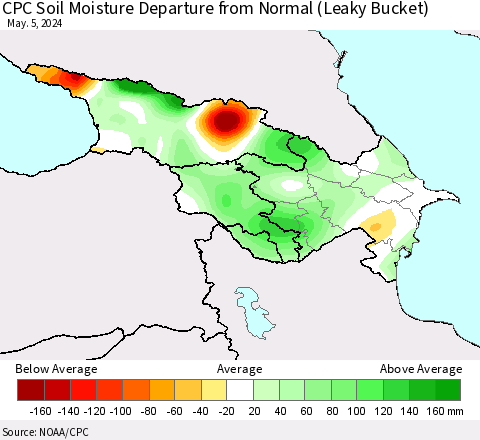 Azerbaijan, Armenia and Georgia CPC Soil Moisture Departure from Normal (Leaky Bucket) Thematic Map For 5/1/2024 - 5/5/2024