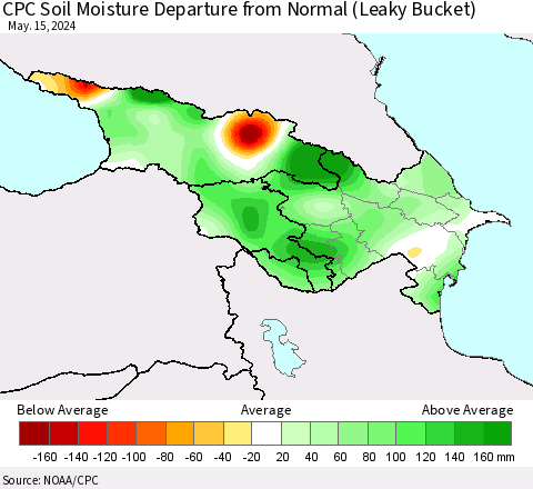 Azerbaijan, Armenia and Georgia CPC Soil Moisture Departure from Normal (Leaky Bucket) Thematic Map For 5/11/2024 - 5/15/2024