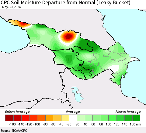 Azerbaijan, Armenia and Georgia CPC Soil Moisture Departure from Normal (Leaky Bucket) Thematic Map For 5/16/2024 - 5/20/2024