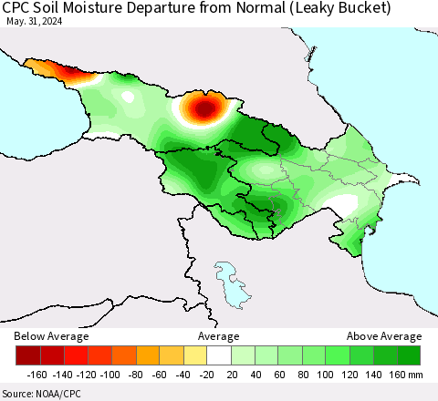 Azerbaijan, Armenia and Georgia CPC Soil Moisture Departure from Normal (Leaky Bucket) Thematic Map For 5/26/2024 - 5/31/2024