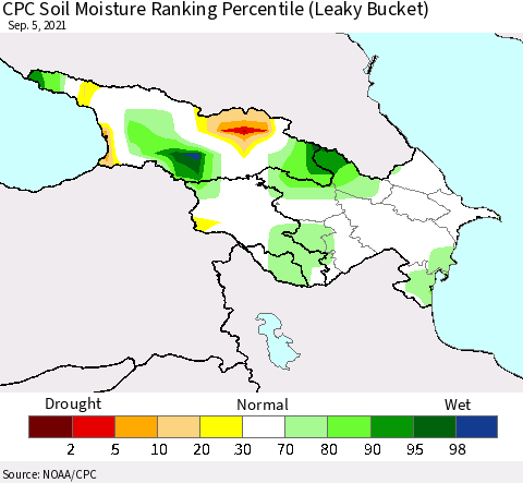 Azerbaijan, Armenia and Georgia CPC Soil Moisture Ranking Percentile (Leaky Bucket) Thematic Map For 9/1/2021 - 9/5/2021