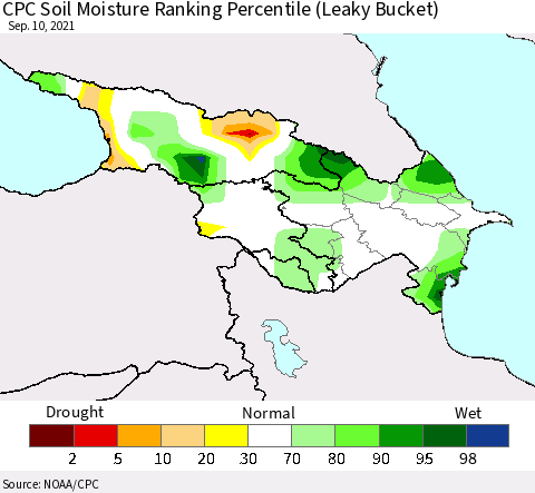Azerbaijan, Armenia and Georgia CPC Soil Moisture Ranking Percentile (Leaky Bucket) Thematic Map For 9/6/2021 - 9/10/2021