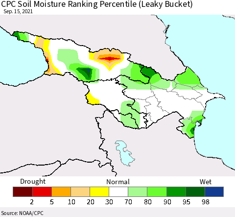 Azerbaijan, Armenia and Georgia CPC Soil Moisture Ranking Percentile (Leaky Bucket) Thematic Map For 9/11/2021 - 9/15/2021