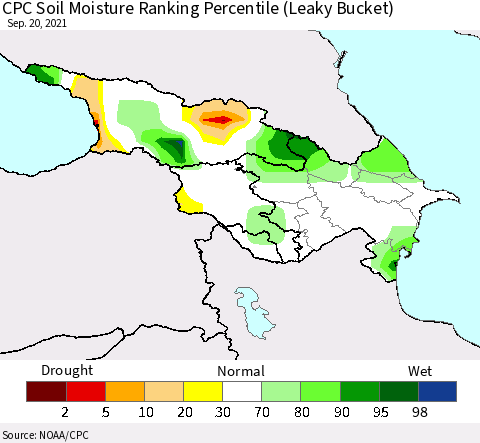 Azerbaijan, Armenia and Georgia CPC Soil Moisture Ranking Percentile (Leaky Bucket) Thematic Map For 9/16/2021 - 9/20/2021