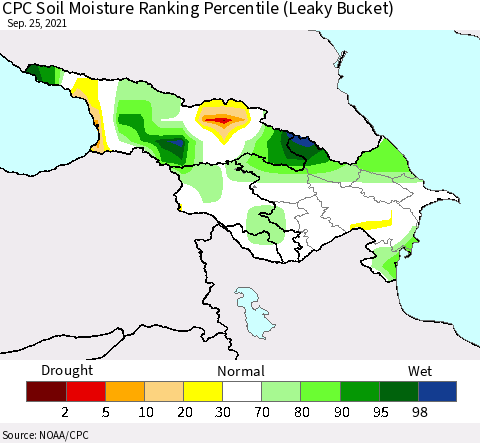 Azerbaijan, Armenia and Georgia CPC Soil Moisture Ranking Percentile (Leaky Bucket) Thematic Map For 9/21/2021 - 9/25/2021