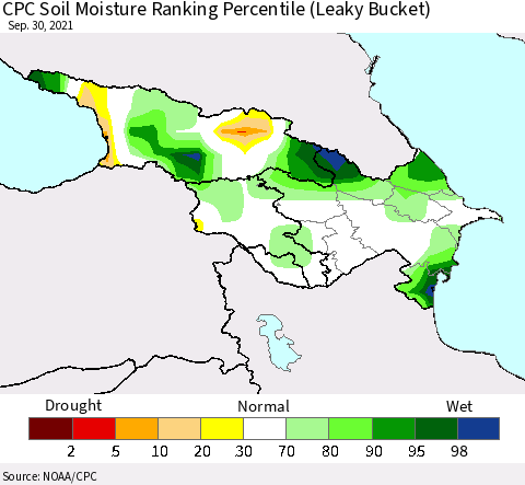 Azerbaijan, Armenia and Georgia CPC Soil Moisture Ranking Percentile (Leaky Bucket) Thematic Map For 9/26/2021 - 9/30/2021