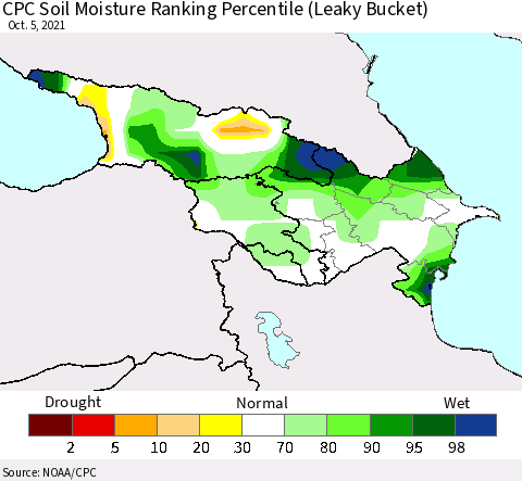 Azerbaijan, Armenia and Georgia CPC Soil Moisture Ranking Percentile (Leaky Bucket) Thematic Map For 10/1/2021 - 10/5/2021