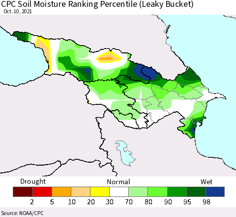 Azerbaijan, Armenia and Georgia CPC Soil Moisture Ranking Percentile (Leaky Bucket) Thematic Map For 10/6/2021 - 10/10/2021