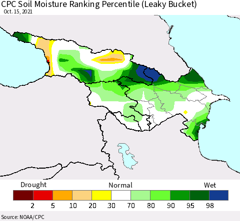Azerbaijan, Armenia and Georgia CPC Soil Moisture Ranking Percentile (Leaky Bucket) Thematic Map For 10/11/2021 - 10/15/2021