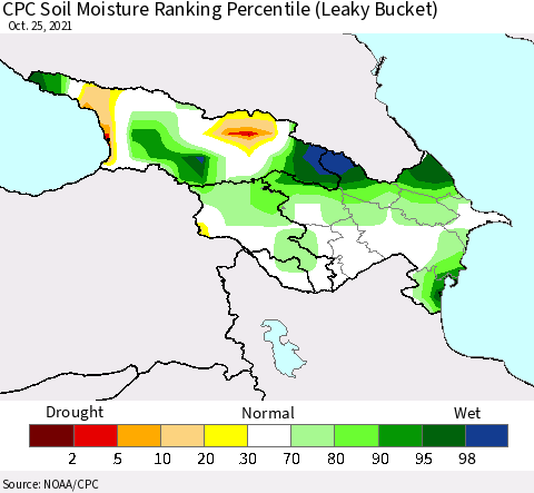 Azerbaijan, Armenia and Georgia CPC Soil Moisture Ranking Percentile (Leaky Bucket) Thematic Map For 10/21/2021 - 10/25/2021