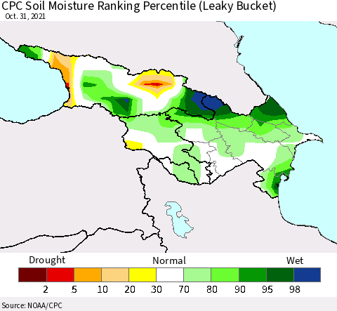 Azerbaijan, Armenia and Georgia CPC Soil Moisture Ranking Percentile (Leaky Bucket) Thematic Map For 10/26/2021 - 10/31/2021