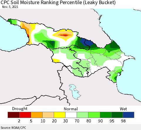 Azerbaijan, Armenia and Georgia CPC Soil Moisture Ranking Percentile (Leaky Bucket) Thematic Map For 11/1/2021 - 11/5/2021