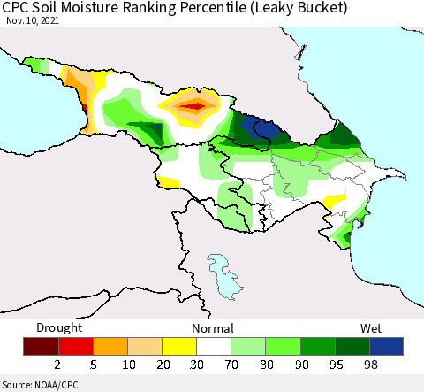Azerbaijan, Armenia and Georgia CPC Soil Moisture Ranking Percentile (Leaky Bucket) Thematic Map For 11/6/2021 - 11/10/2021