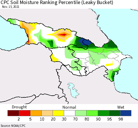 Azerbaijan, Armenia and Georgia CPC Soil Moisture Ranking Percentile (Leaky Bucket) Thematic Map For 11/11/2021 - 11/15/2021
