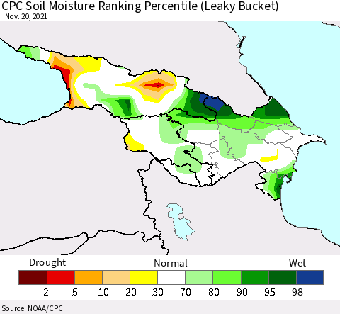 Azerbaijan, Armenia and Georgia CPC Soil Moisture Ranking Percentile (Leaky Bucket) Thematic Map For 11/16/2021 - 11/20/2021