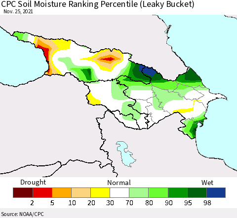 Azerbaijan, Armenia and Georgia CPC Soil Moisture Ranking Percentile (Leaky Bucket) Thematic Map For 11/21/2021 - 11/25/2021