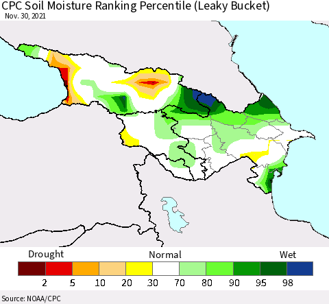 Azerbaijan, Armenia and Georgia CPC Soil Moisture Ranking Percentile (Leaky Bucket) Thematic Map For 11/26/2021 - 11/30/2021