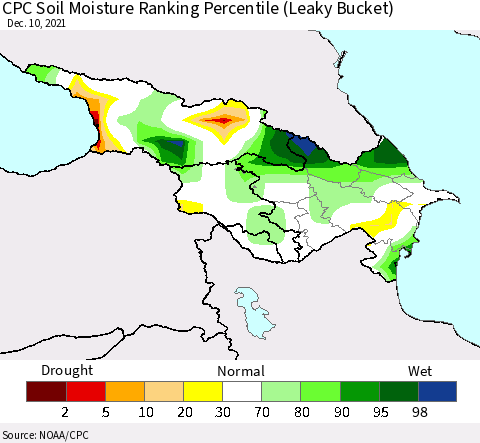 Azerbaijan, Armenia and Georgia CPC Soil Moisture Ranking Percentile (Leaky Bucket) Thematic Map For 12/6/2021 - 12/10/2021