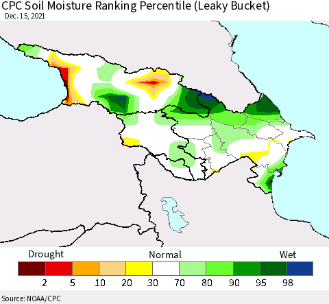 Azerbaijan, Armenia and Georgia CPC Soil Moisture Ranking Percentile (Leaky Bucket) Thematic Map For 12/11/2021 - 12/15/2021