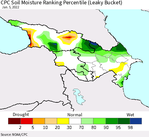 Azerbaijan, Armenia and Georgia CPC Soil Moisture Ranking Percentile (Leaky Bucket) Thematic Map For 1/1/2022 - 1/5/2022