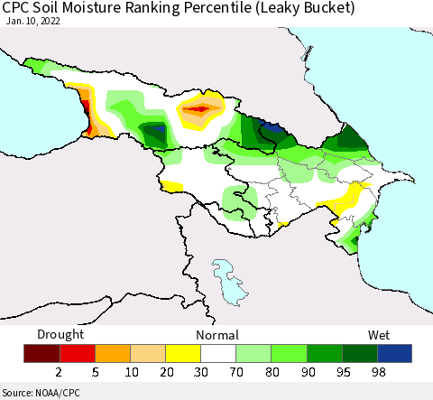 Azerbaijan, Armenia and Georgia CPC Soil Moisture Ranking Percentile (Leaky Bucket) Thematic Map For 1/6/2022 - 1/10/2022