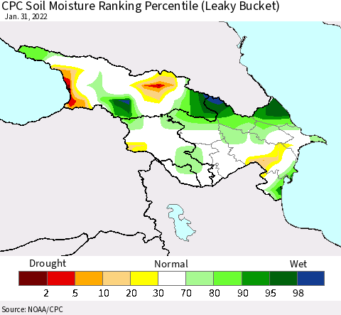 Azerbaijan, Armenia and Georgia CPC Soil Moisture Ranking Percentile (Leaky Bucket) Thematic Map For 1/26/2022 - 1/31/2022